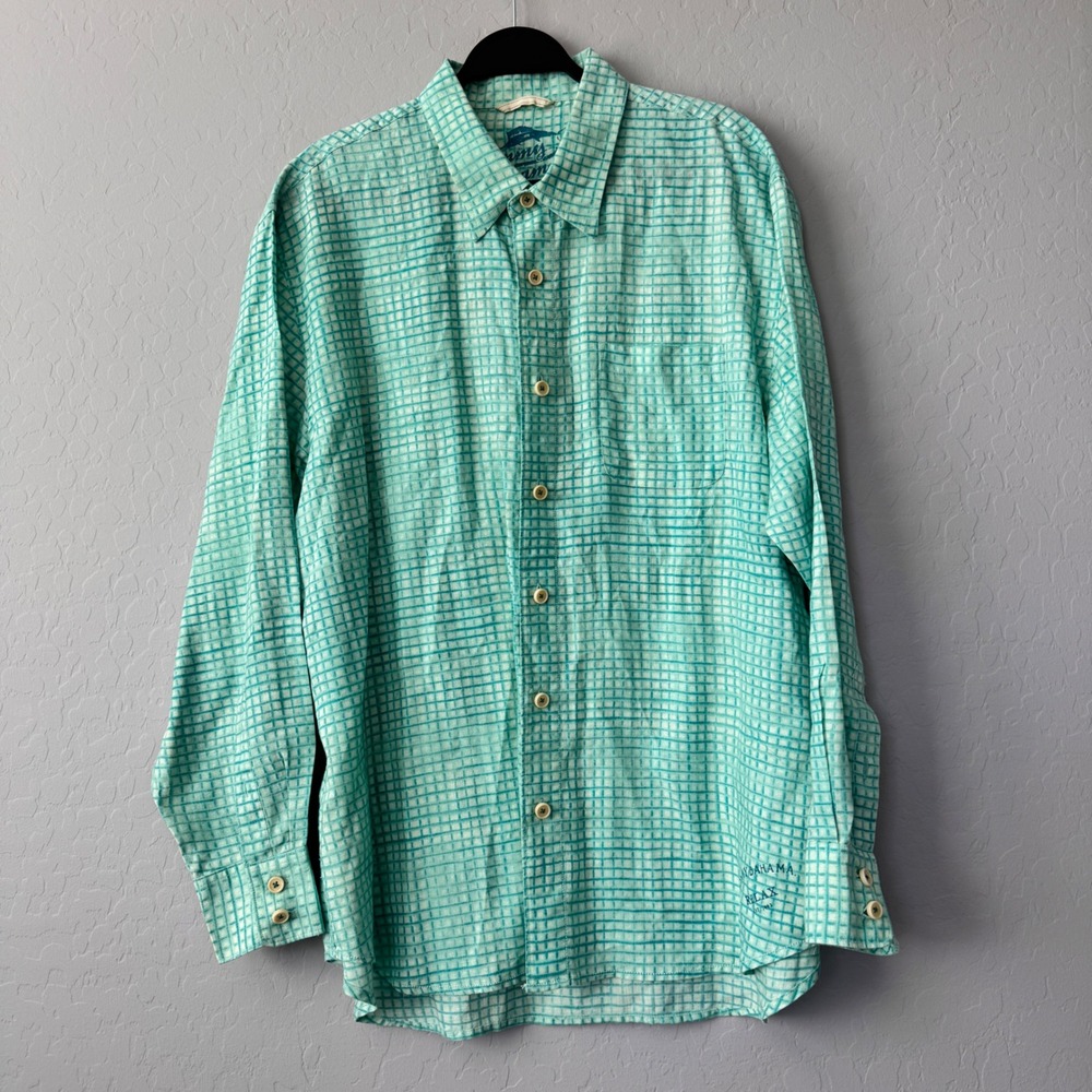 Tommy Bahama Linen Shirt Button Up Long Sleeve Aqua Blue Plaid‎ XL